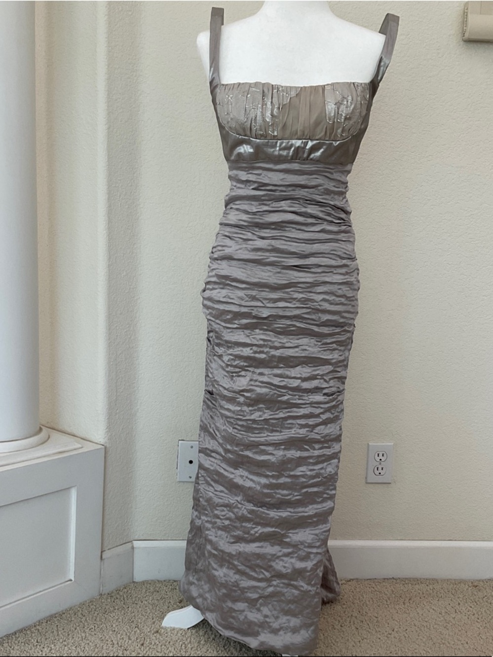 Nicole Miller Taupe Satin Ruched Maxi Dress
